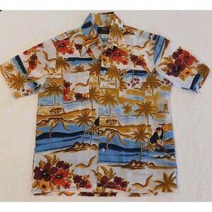 Vintage Van Cort Hawaiian Style Shirt  -  Mens Medium Floral Palm Tree Hula Girl